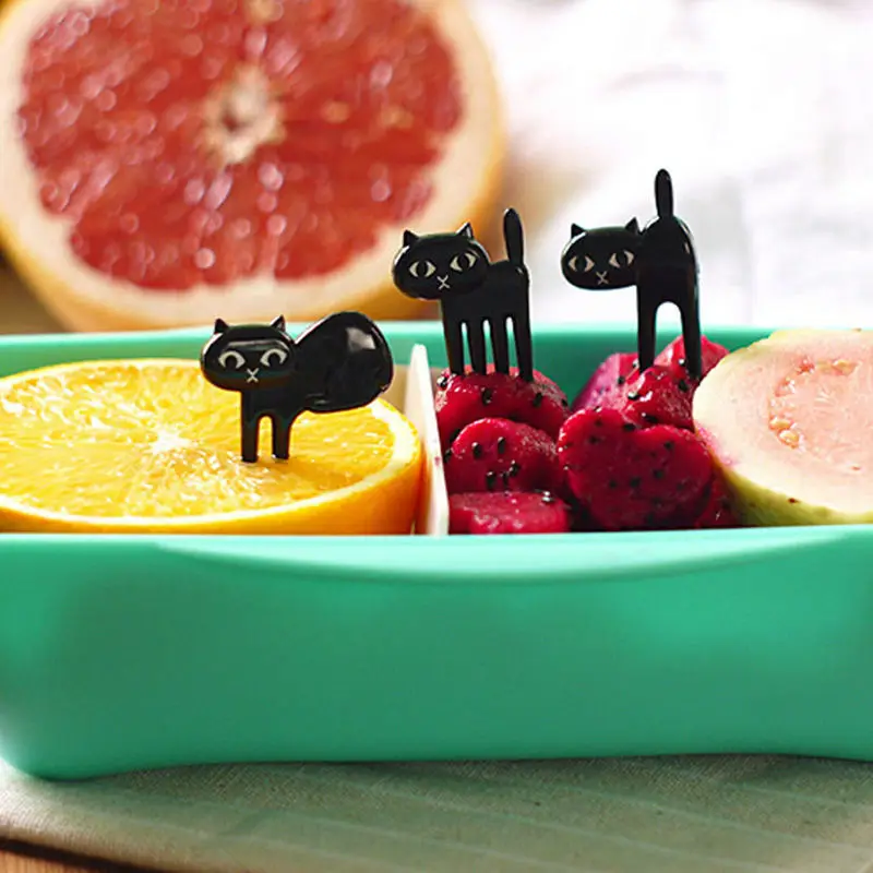 FHEAL New 6Pcs Mini Animal Fork Fruit Picks Cute Cartoon Black Cat Children Fork Toothpick Bento Lunch Box Decor Accessories  (8)