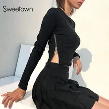 Sweetown Harajuku Осень Зима футболка Черная корейская мода боковая молния сплит рубашка Женская Полосатая укороченная футболка с длинным рукавом