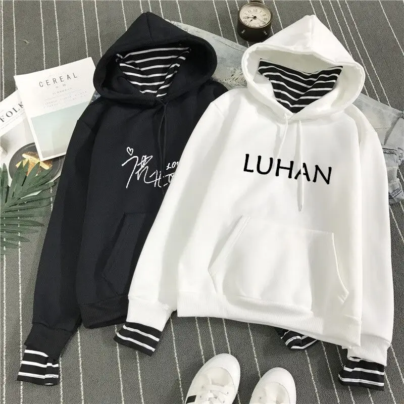 Kpop exo harajuku полосатый воротник свободные поддельные два плюс бархат пуловер с капюшоном женский корейский студенческий k-pop exo осень зима