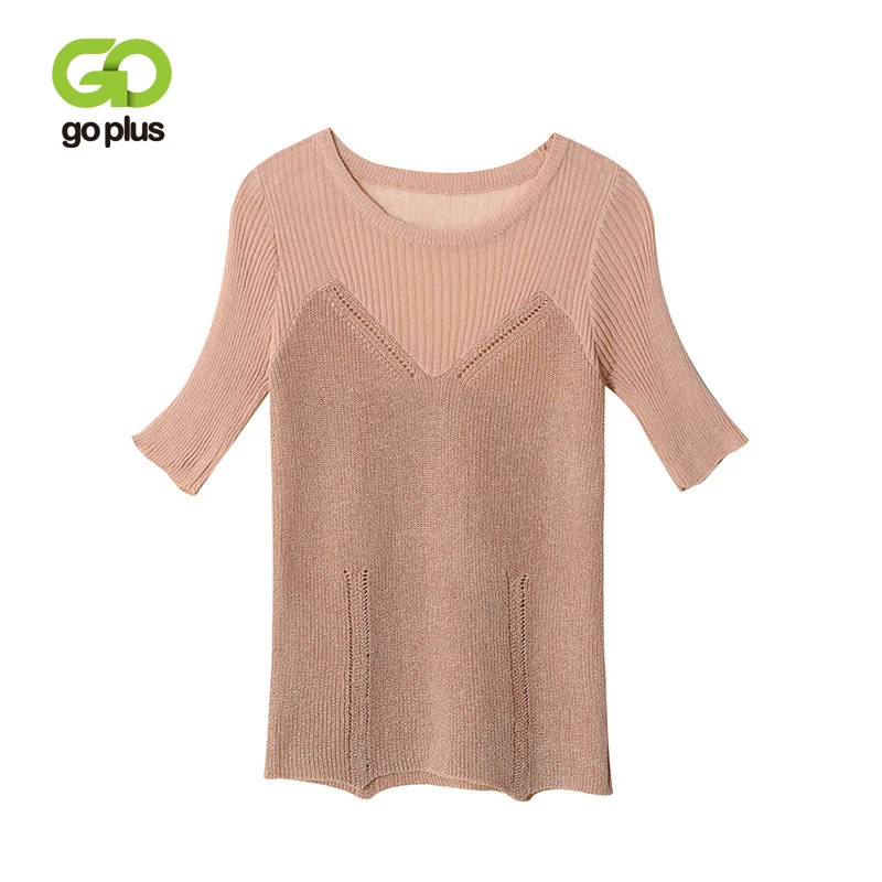 

GOPLUS Summer Soft Thin Knitted Sweater Women Patchwork O Neck Half sleeve Pullover Girl's Befree Casual Street Sweater Female