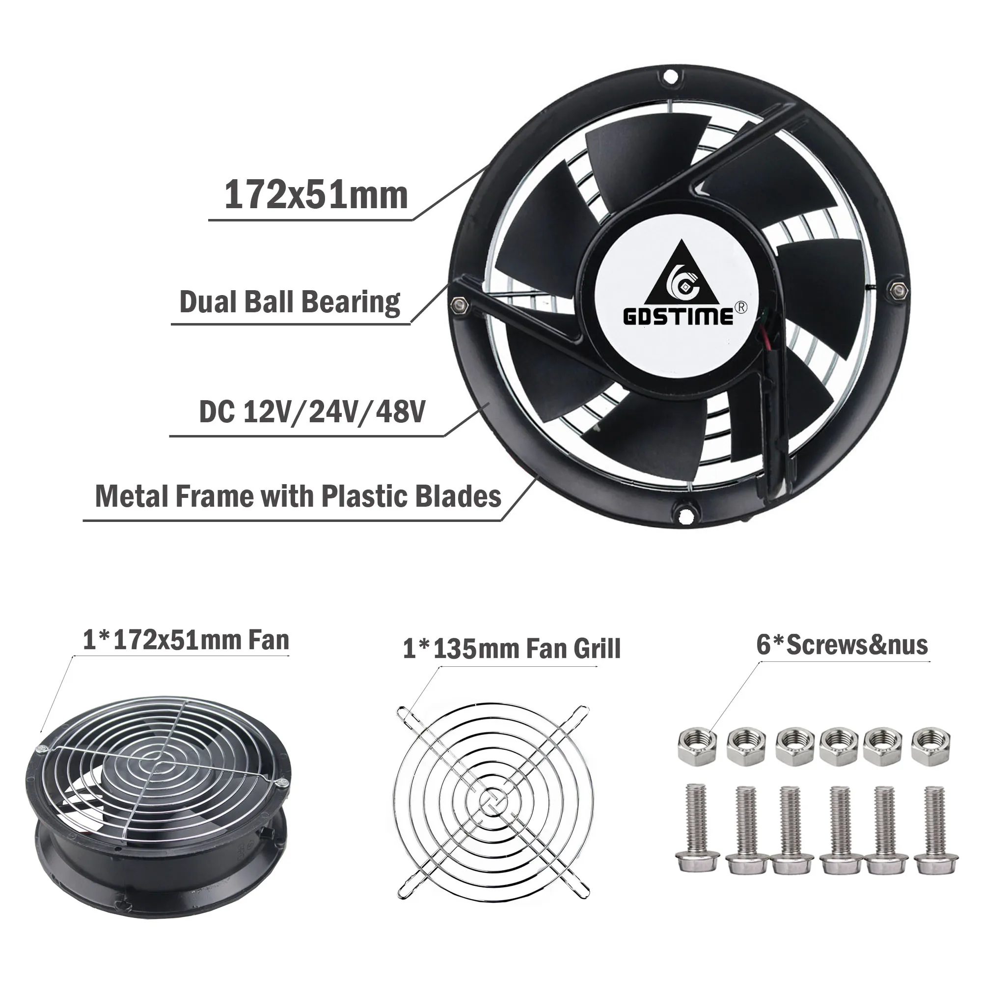 Ventilador de Refrigeração de Bola com Rede Protetora 170 mm 172 mm 172x51 mm 172x25 mm 12v 24v 48v 110v 120v 220v 240v Axial Indústria - Imagem 3