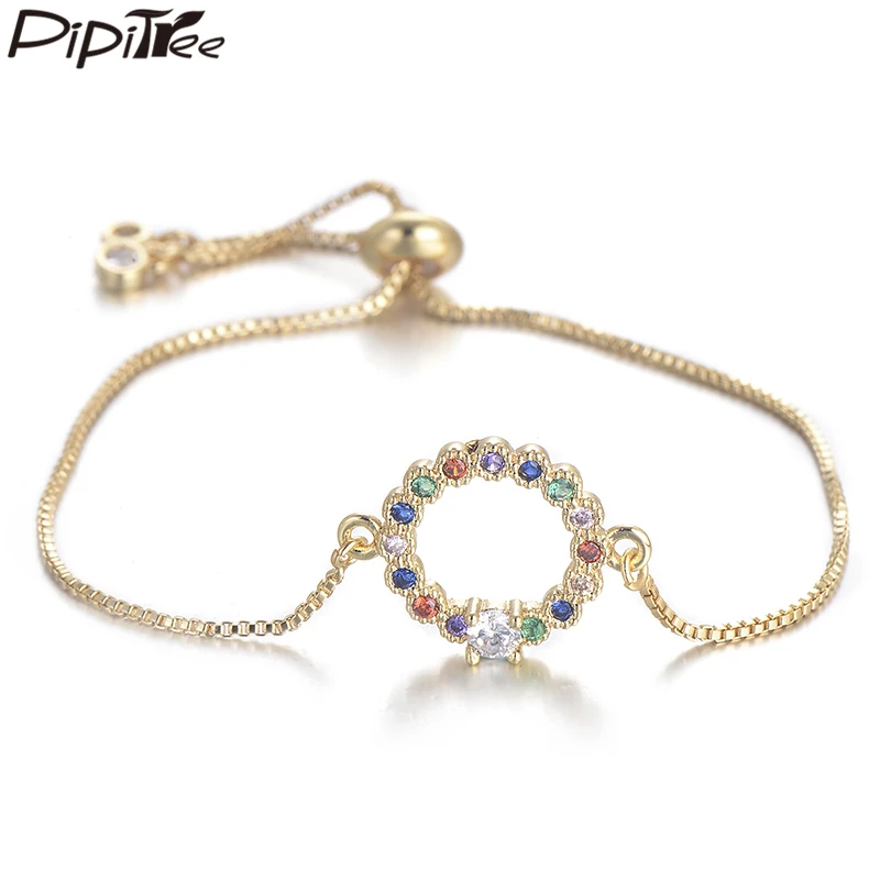 

Pipitree Beautiful Multi CZ Zircon Rainbow Charm Bracelet Femme Copper Chain Hollow Round Bracelets & Bangles for Women Jewelry
