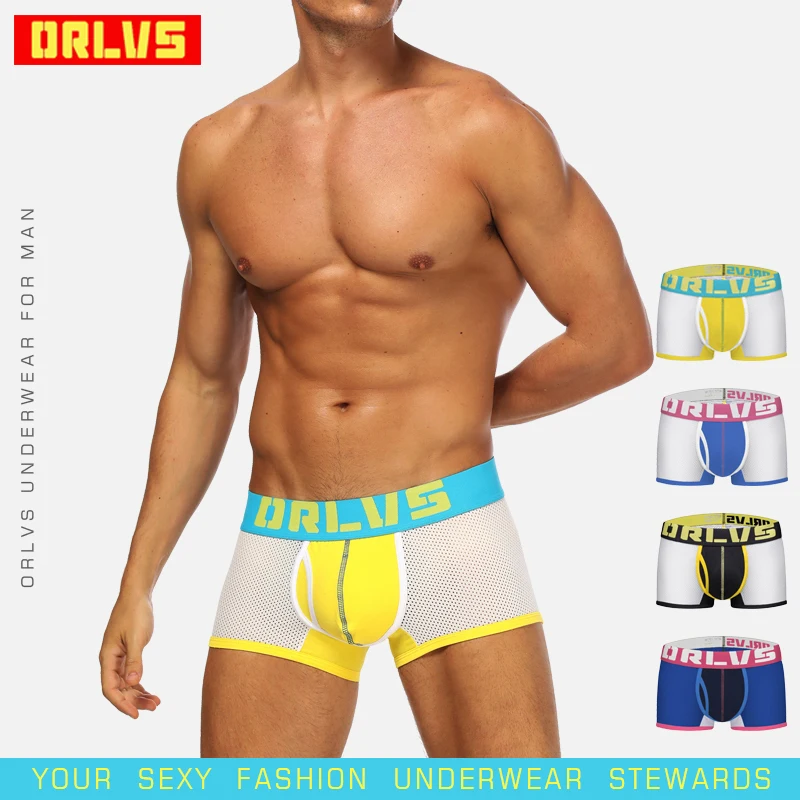 

ORLVS Brand Mesh Sexy Gay Boxers Men Underwear Nylon Breathable Comfortable Panties Men Sleepwear Solid Boxers Quick Dry OR156