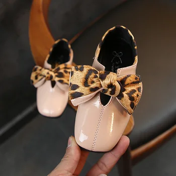 

Spring New Girls Shoes Leopard Butterfly Bow Princess Shoes Girls Flat Shoes PU Leather Shoes