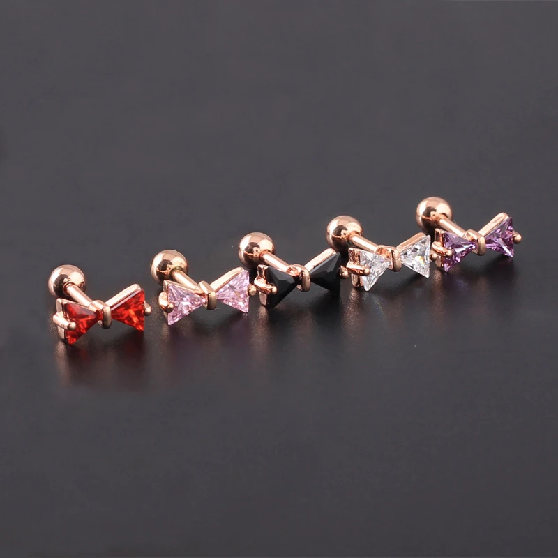 Милые женские Разноцветные серьги-гвоздики с бантиком и кристаллами из нержавеющей стали, Хрящ уха спиральные украшения для пирсинга, лучший подарок, украшения для тела