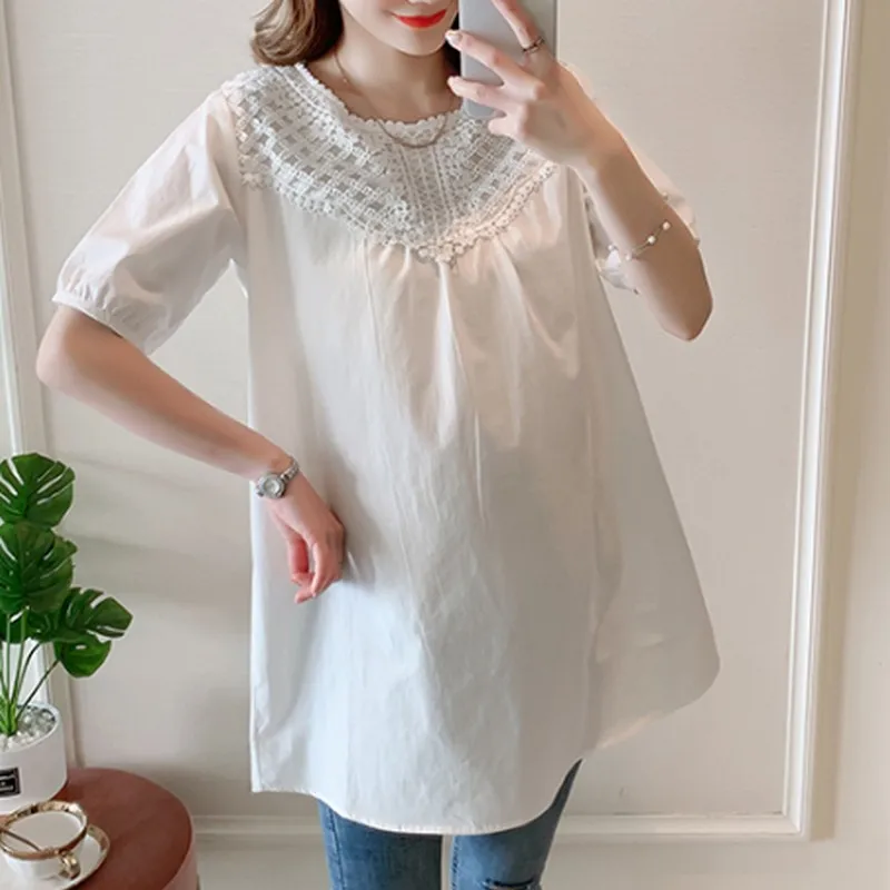 

New Fashion O-Neck Lace White Maternity Shirt Short Sleeves Blouse For Pregnant Women 2019 Summer Plus Size Maternity Blouses