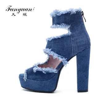 

Fanyuan Hot Sale Thick Heels Women Shoes Summer Sandals Big Size 33-43 Denim Square High Heel Platform Shoes Women Sandals