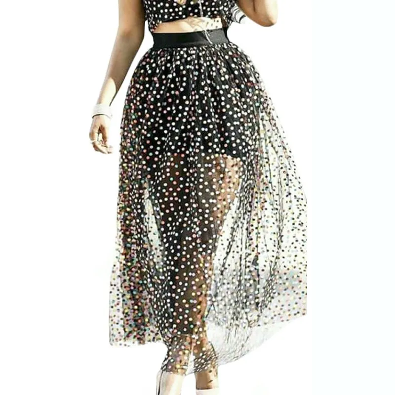 

Fashion 2019 Summer Women Sexy Two Pieces Sets Pattern Crop Top Mesh Long Skirt Polka Dot Suits Transparent Casual Outfits