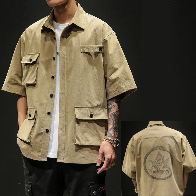 

LetsKeep Mens Short sleeve Jacket Loose Men Cotton Multi Pockets Bomber Jackets with button outwear thin summer Jacket, ZA545