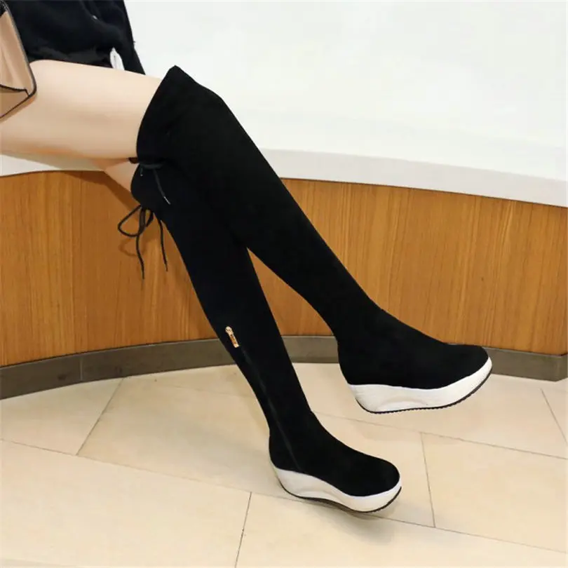 Новые облегающие высокие сапоги женские черные сапоги выше колена из искусственной замши, сапоги для верховой езды на среднем каблуке, высокие панк-кроссовки, эластичные криперы
