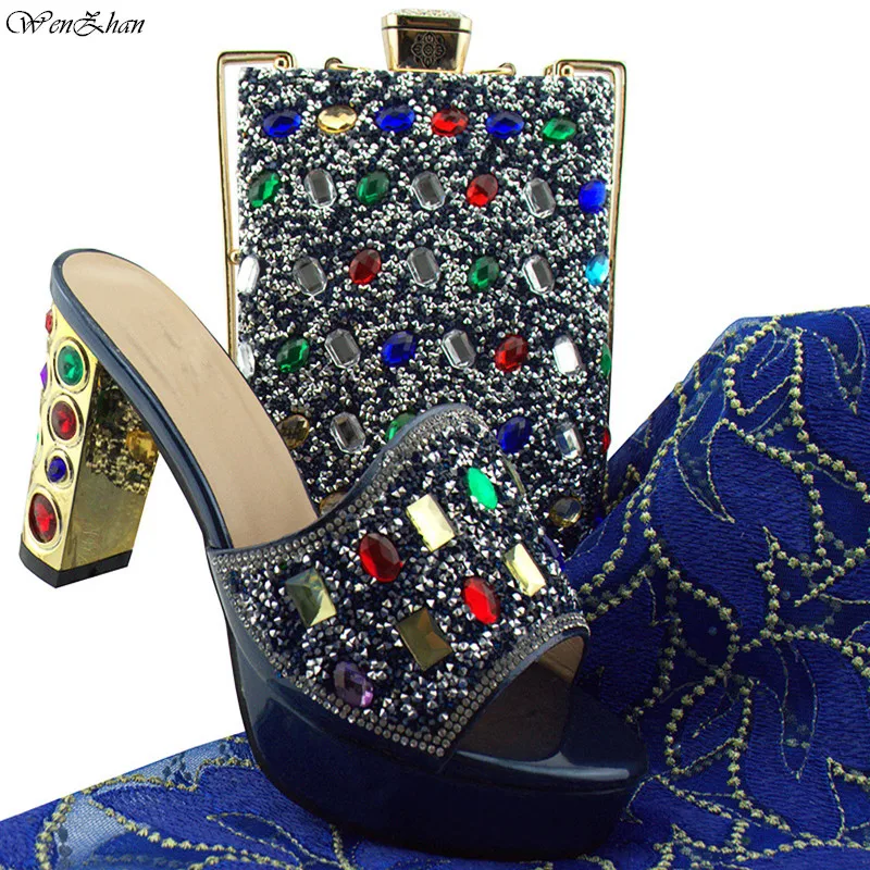 

Women Shoes Iron heel Matching Small Wallet Blue 2018Good Quality Italian Shoes With Matching Colorful Stones Bag Latest B85-15