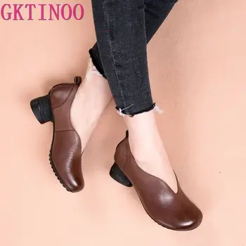 

GKTINOO Autumn Spring 2019 Retro Style Genuine Leather Handmade Shoes Women Thick With Heels Pumps Round Toe High Heels