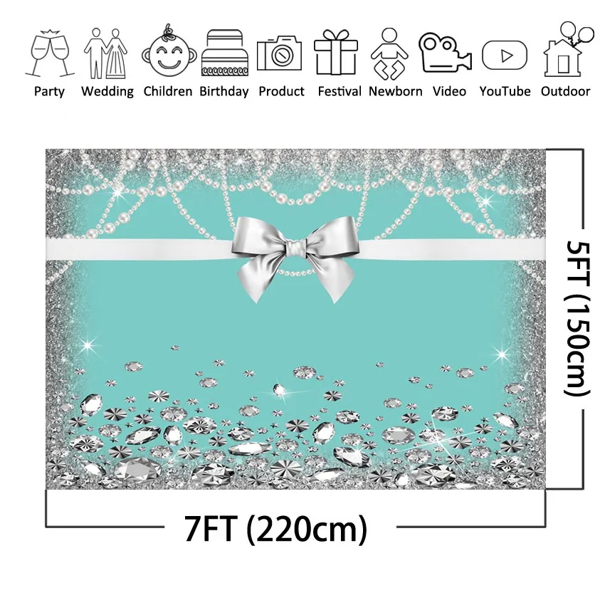 Милый фон для фотосъемки на 16-й день рождения Тиффани с голубым жемчугом бриллиантовым бантом и серебряными блестками