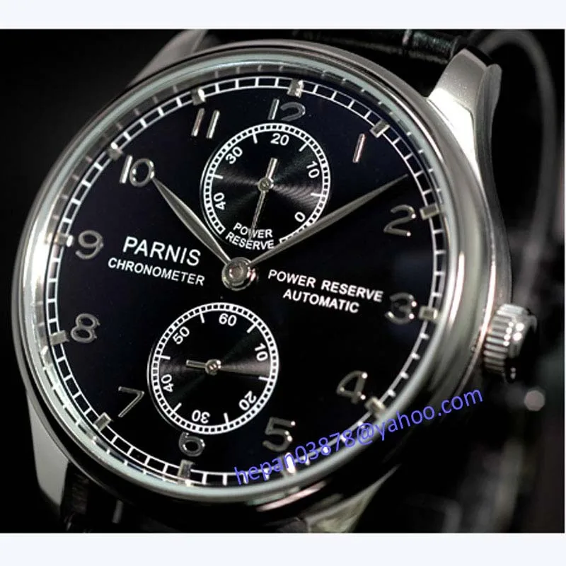 

Parnis 43mm Black dial Power reserve black Leather Strap ST2542 Automatic movement Men's watch 100 relogio masculino