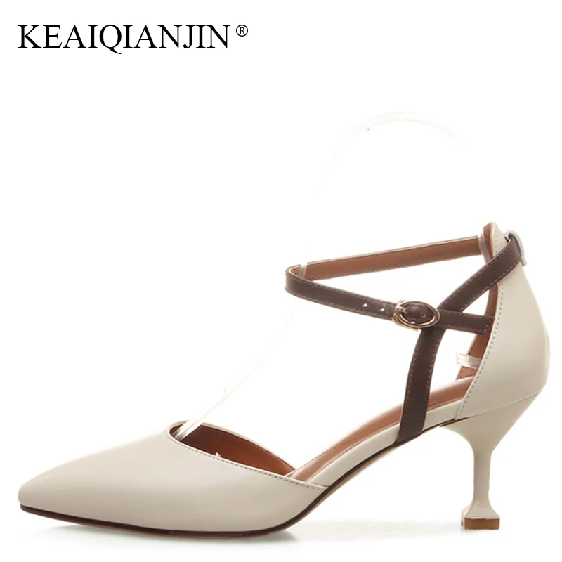 

KEAIQIANJIN Woman Genuine Leather High Heels Sandal Fashion Gladiator Beige Shoes Sexy Plus Size 33 41 Summer Party Sandals 2018