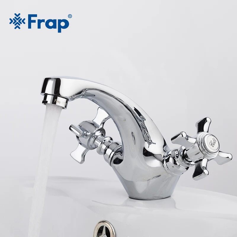 Online Accesorios de baño de latón plateado Frap grifo de lavabo grifo de doble manija mezclador de grifo de agua fría y caliente para cuarto de baño torniira grifo F1024