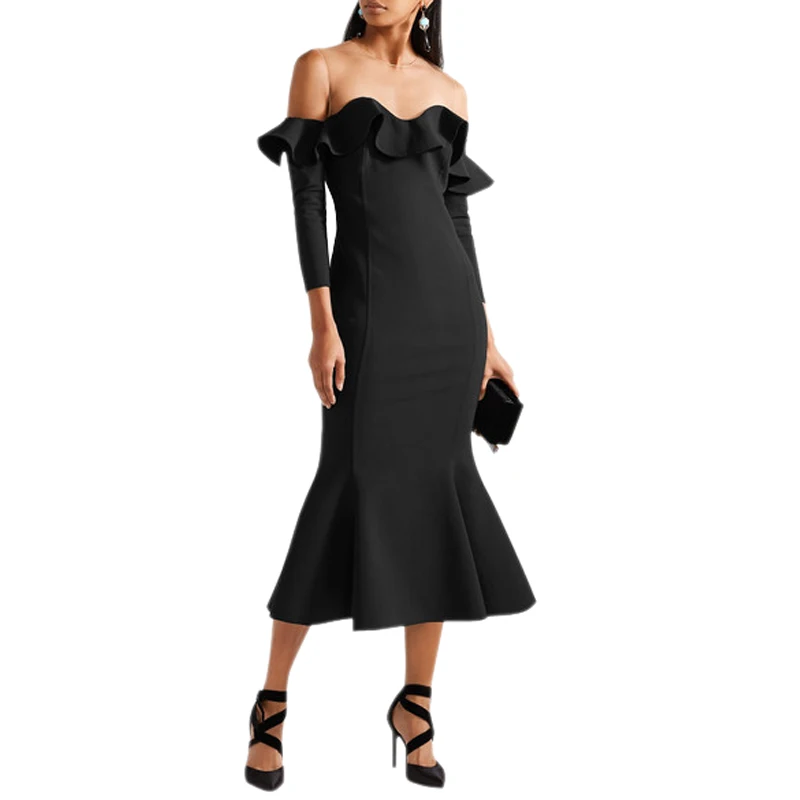 woman transparent nude mesh patchwork black party dress open shoulders ruffles midi tight dress beach female summer dress