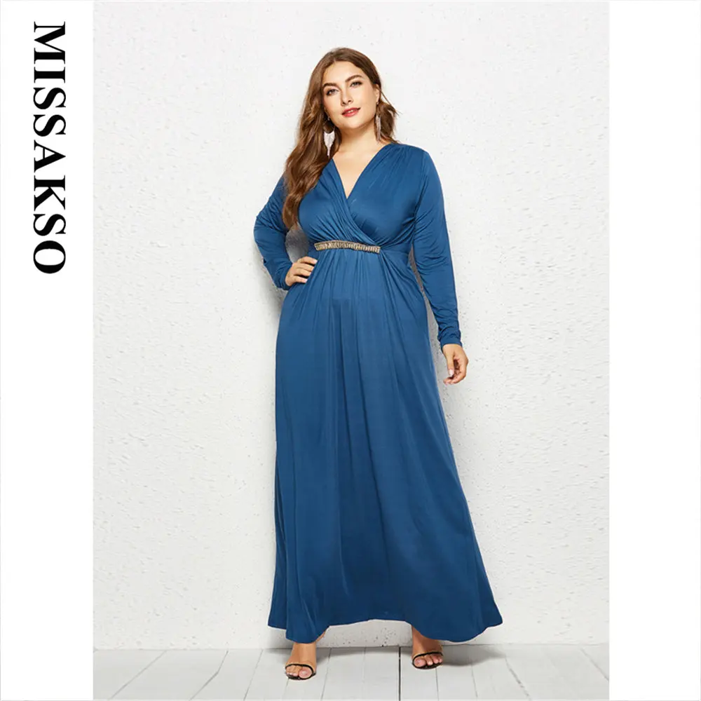 

Missakso Spring Autumn Deep V Neck A Line Maxi Female Casual Elegant Party Prom High Waist Large Size New White Blue Sexy Dress
