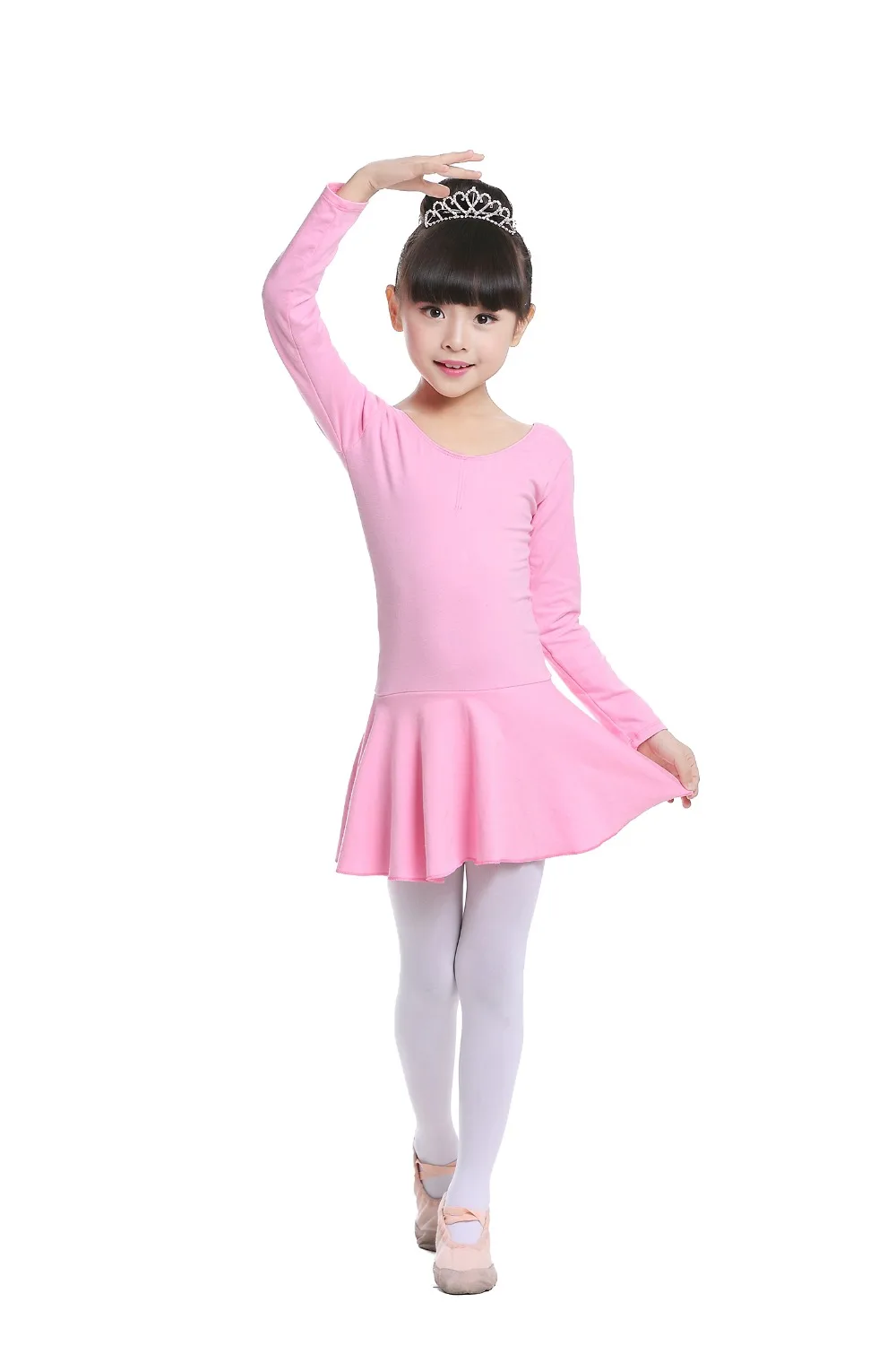 Pink Cotton Formal Ballet Dress for Girls Long Sleeves Shiny Ballet leotard for Dance Kids Gymnastics Professional Tutu Dress (4)