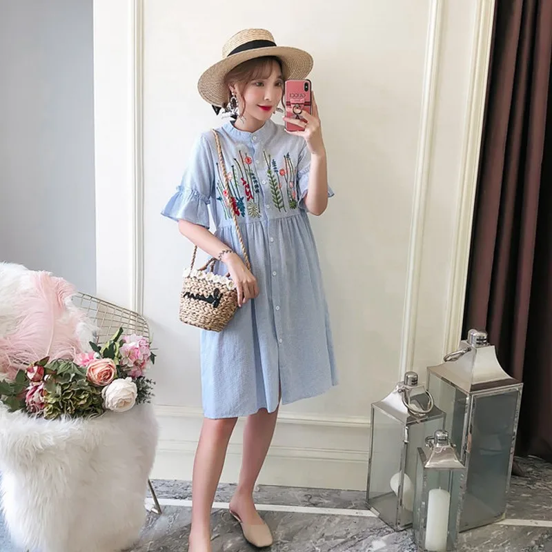 Womens Blue Flower Embroidered Dresses 2019 New Fashion Women Short Sleeve Summer Dress XL-5XL Cotton Vintage Vestidos Beach Womens Blue Flower Embroidered Dresses 2019 New Fashion Women Short Sleeve Summer Dress XL-5XL Cotton Vintage Vestidos Beach