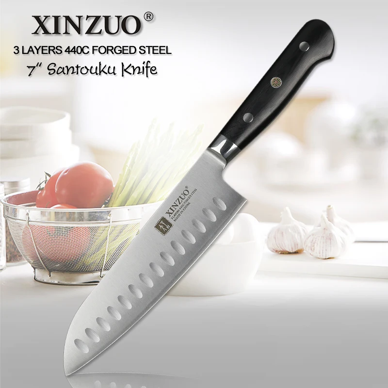 

XINZUO 7'' inch Santoku Knife 3 Layer 440C Core Clad Steel Kitchen Knives Dealing with Meat Fruit Vegetables with G10 Handle