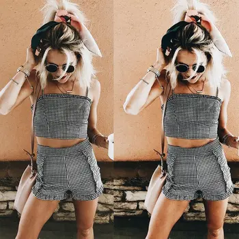 

Summer Womens 2PCS Off Shoulder Sexy Deep V-neck Plaid Neck Crop Top Bodycon Skirt Holiday Beach Wear