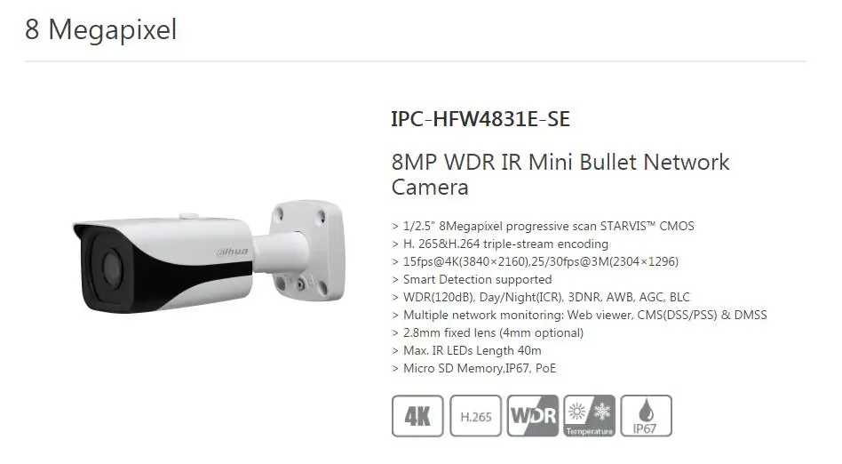 Dahua 8MP IP камера IPC-HFW4831E-SE H.265 WDR IR40m Мини Пуля CCTV камера IP67 POE Micro SD память может обновиться