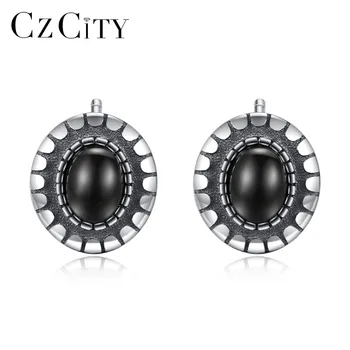 

CZCITY 925 Sterling Silver Vintage Stud Earring for Women Black Zirconia Carving S925 Post Earring Female Popular Fine Jewellery