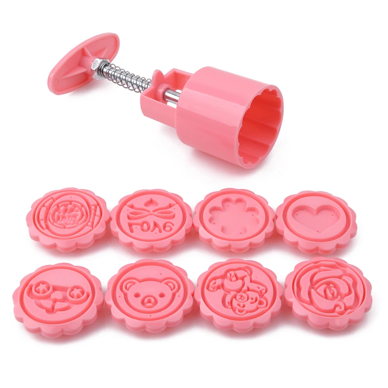 

1 Set Pink Round Plastic Chinese Festival Moon Cake Cookies Mooncake Embossing Tool Mold 1 Barrel+8 Flower Stamps Mould Tools