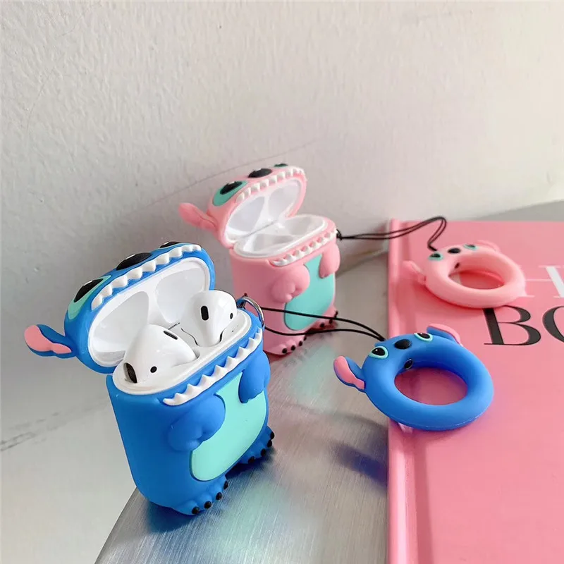 Super cute 3D Stitch cartoon silicone protection ring lanyard Wireless Earphone Charging case for AirPods 1 2 Bluetooth cover