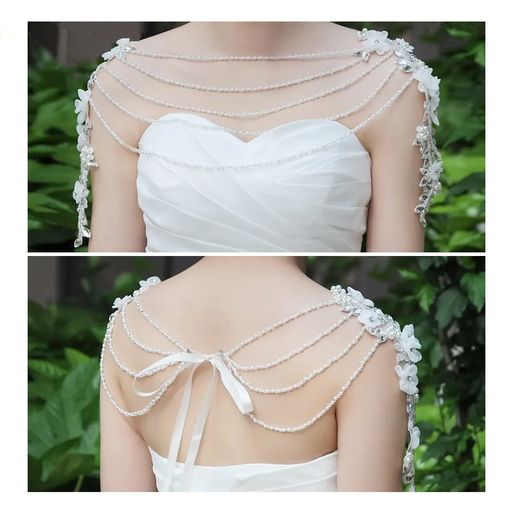JaneVini свадебный кристалл со стразами ожерелье модное свадебное плечо цепь длинное ожерелье s невесты ручной работы Цветы на шнуровке обертывание - Окраска металла: White