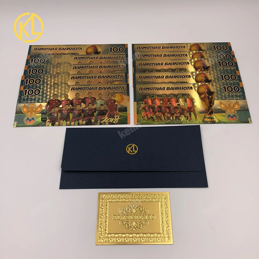 

HOT W010 10pcs/lot 2018 Sports 100 Roubles 24K Gold Banknotes For football fans gifts and Collection With Free Shipping