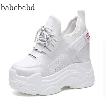 

2019 Summer Women Sneakers Mesh Casual Platform Trainers White Shoes 12CM Heels Wedges Breathable Woman Height Increasing Shoes