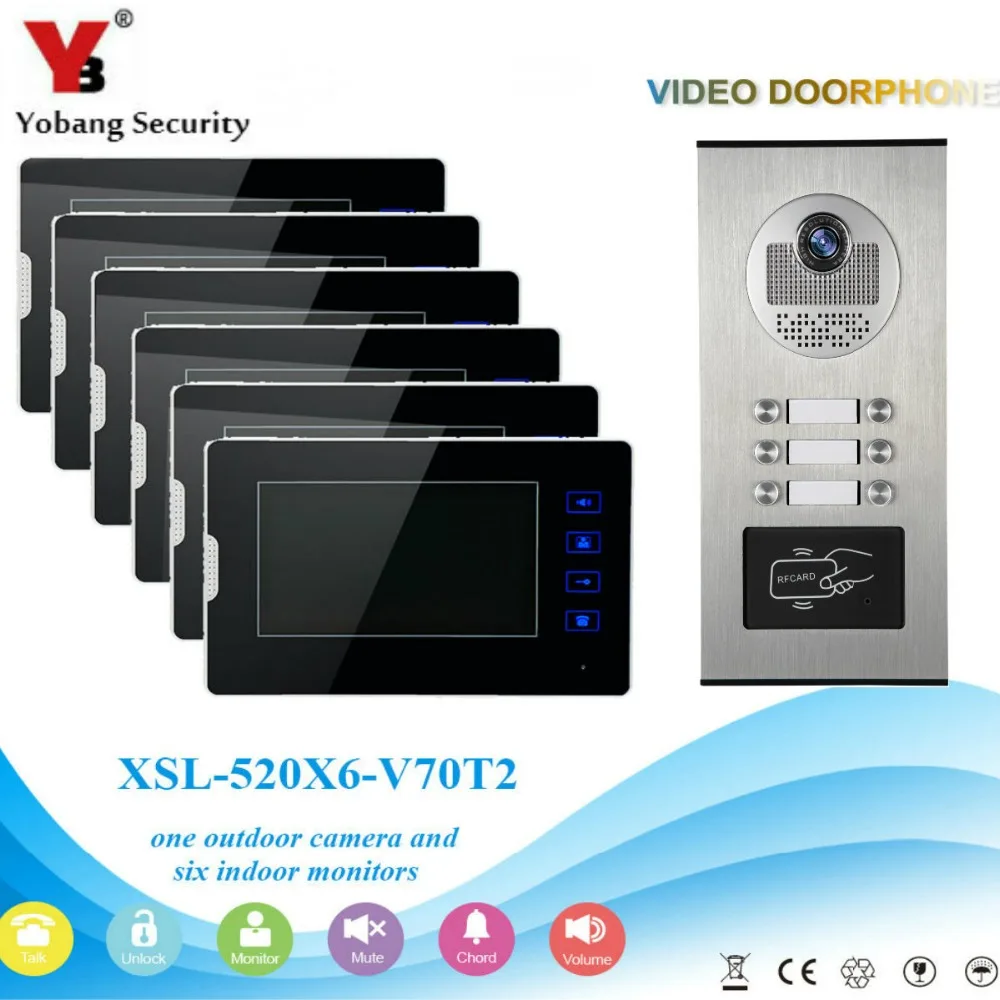 

YobangSecurity Video Intercom 7"Inch Video Door Phone Doorbell Speakephone Intercom KIT RFID Access Control For 6 Unit Apartment