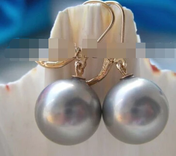 

wb002 Natural 14mm Round Gray Sea Shell Pearl Earrings 14k!