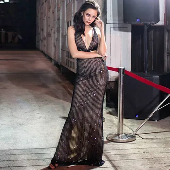 

New Fashion Black Sexy V Neck With Cut Out Long Cocktail Women Party Dress Ladies Gown With Backless Sequin Dresses Vesitos 2018