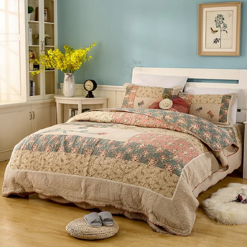 

CHAUSUB Quality Patchwork Quilt Set 3PC Washed Cotton Floral Bedding Quilted Bedspread Bed Cover Duvet Cover Pillowcase Coverlet
