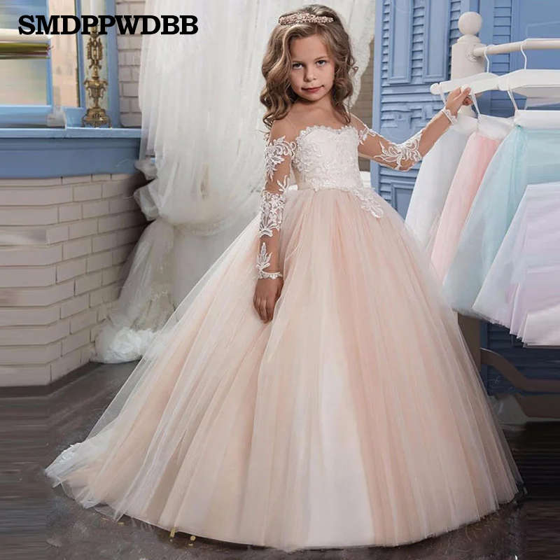 Kids Girls Elegant Wedding Lace Flower Girl Dress Princess Party Pageant Formal Long Sleeve Lace Tulle Evening Dress 2-12 Y