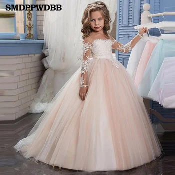 

Kids Girls Elegant Wedding Lace Flower Girl Dress Princess Party Pageant Formal Long Sleeve Lace Tulle Evening Dress 2-12 Y