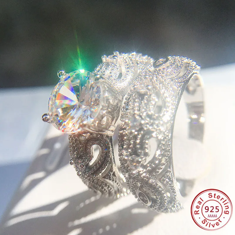 Luxury Brand Fashion 925 Sterling Silver Bridal Set Ring for Women with Paved Micro Hollow-out Zircon Crystal Wedding Jewelry