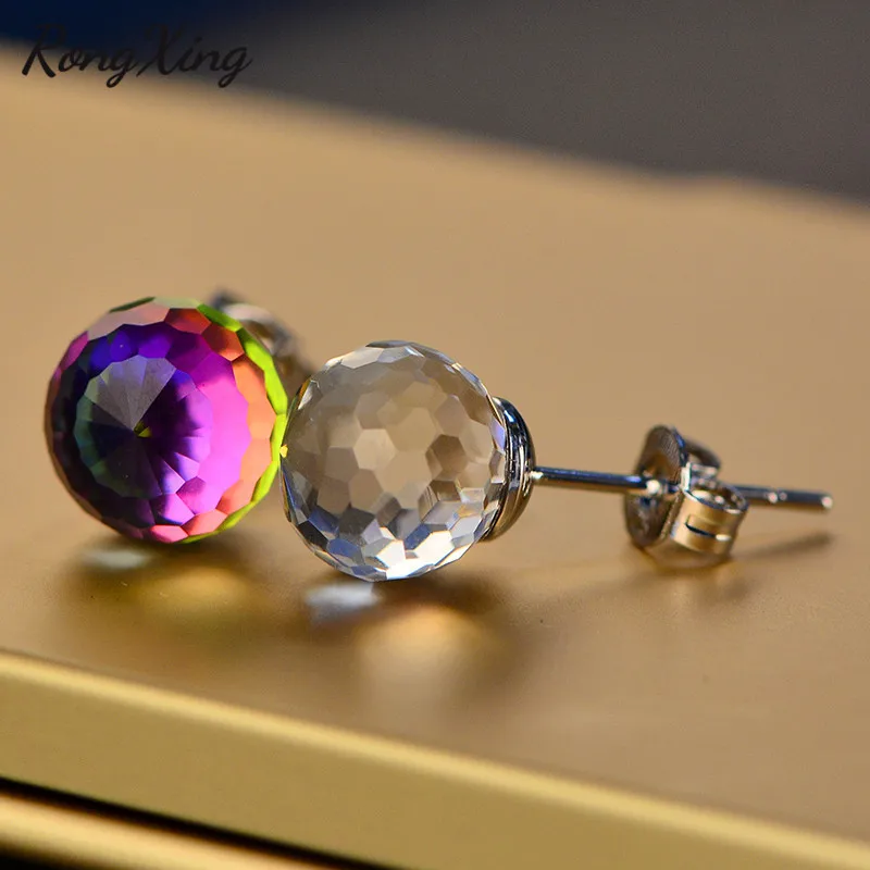 

RongXing Magical Rainbow Crystal Round Stud Earrings For Women 925 Silver Filled Clear Blue Zircon Earrings Girls Birthday Gifts