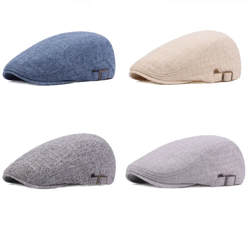 

Men Linen Cotton Golf Driving Beret Flat Cabbie Hat Newsboy Summer Sun Cap