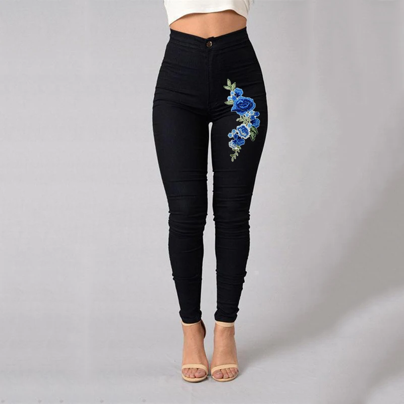 Большие размеры обтягивающие джинсы Цветочные женские с высокой талией Зимние брюки тонкие пуш-ап однотонные брюки облегающие штаны-карандаш женские