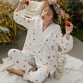 

Spring Two Piece Set Tie-up Top+Pants Nursing Pajamas Strawberry Patchwork Maternity Sleepwear Pregnancy Breastfeeding Nightwear
