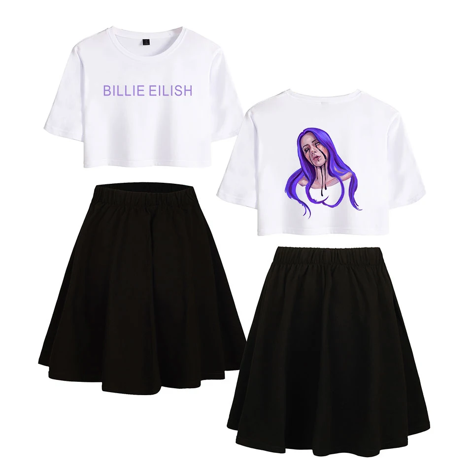 

Billie Eilish print Fashion Two Piece Sets Short Sleeve+Short Skirt Casual Streetwear cool Summer Women Sets Navell