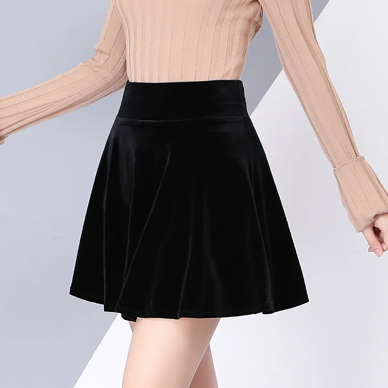 Женские бархатные плиссированные мини юбки с высокой талией размера плюс XXL модные новые бархатные черные короткие сексуальные юбки в стиле Харадзюку