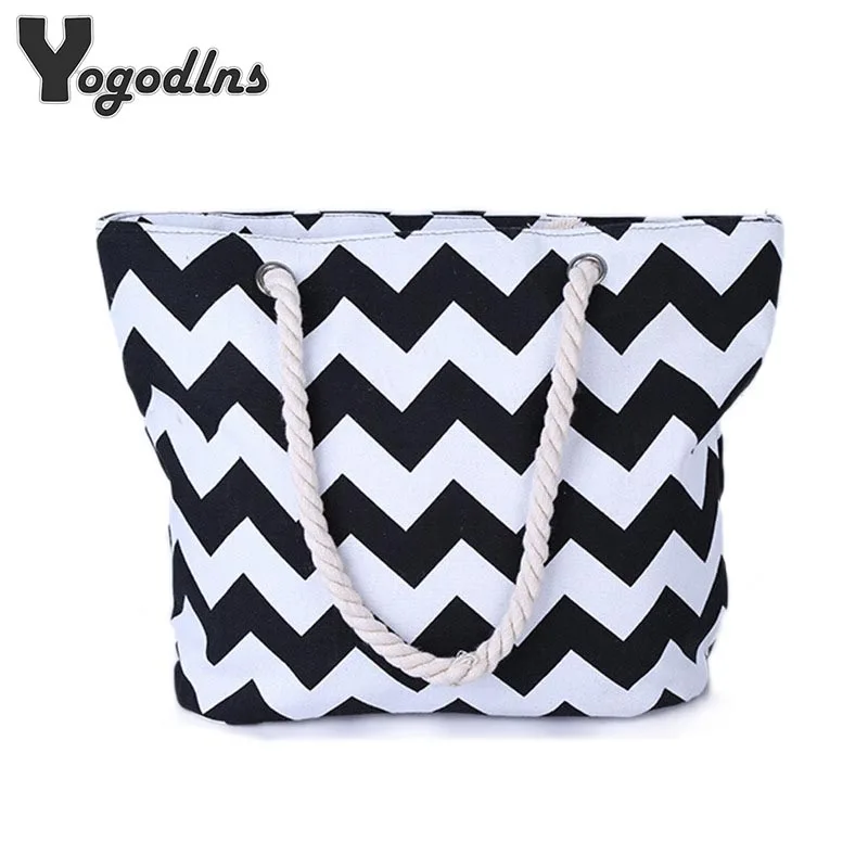 

Summer Beach Holiday Women striped Canvas Wave Shoulder Bags Ladies Shopping School Travel Reuseable Hemp Rope Totes Fashion