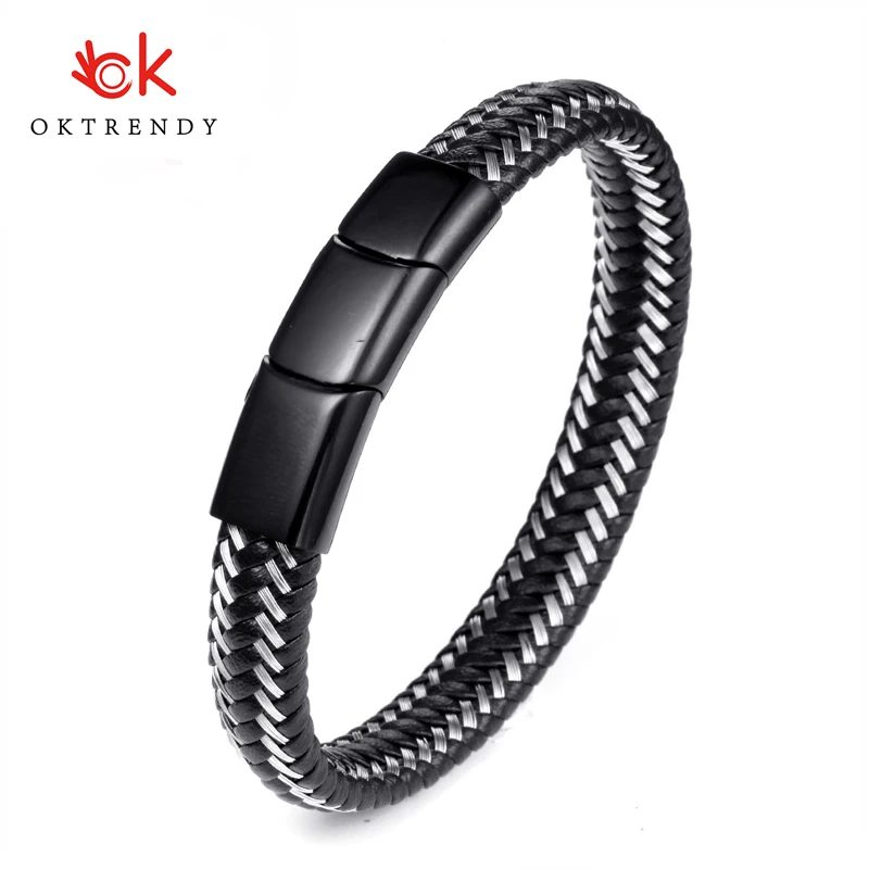 

Oktrendy Genuine Leather Bracelet for Men Jewelry Stainless Steel Adjustable Bangle Magnetic 3 Clasp Braid Trendy Chain For Male