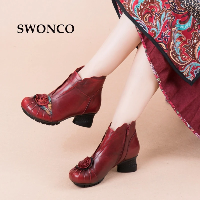

SWONCO Women's Ankle Boots Retro Embroidery Genuine Leather Ladies Boot Women Boots High Heels Platform 2018 Woman Winter Shoes