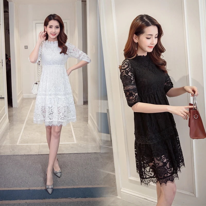 Spring Women dress Three Quarter Sleeve Lace Stand Neck Hollow Out 2017 Long Render Dresses White Black 1716 long-white-lace-dress